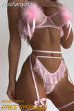 Huidianyin Sexy Feather Lingerie Light Pink Ruffle Hollow Thongs Sissy Erotic Outfits Seamless Set Woman 3 Pieces Fairy Intimate 925