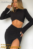 Huidianyin 2023 Women 2 Pieces Black Long Sleeve Shoulder Pad Crop Top Streetwear Autumn Winter Slit High Waist Skirts Sets