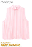 Huidianyin Pleated Chiffon Blouses Women Sleeveless Pink Top Female Loose Summer Blouses Woman 2023 Fashion Elegant Chic Woman Top