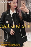 Huidianyin All-match High-waist Pleated Skirt Long Sleeve Lapel Blazer A-Line Elegant Shirt Clothes Preppy Style New