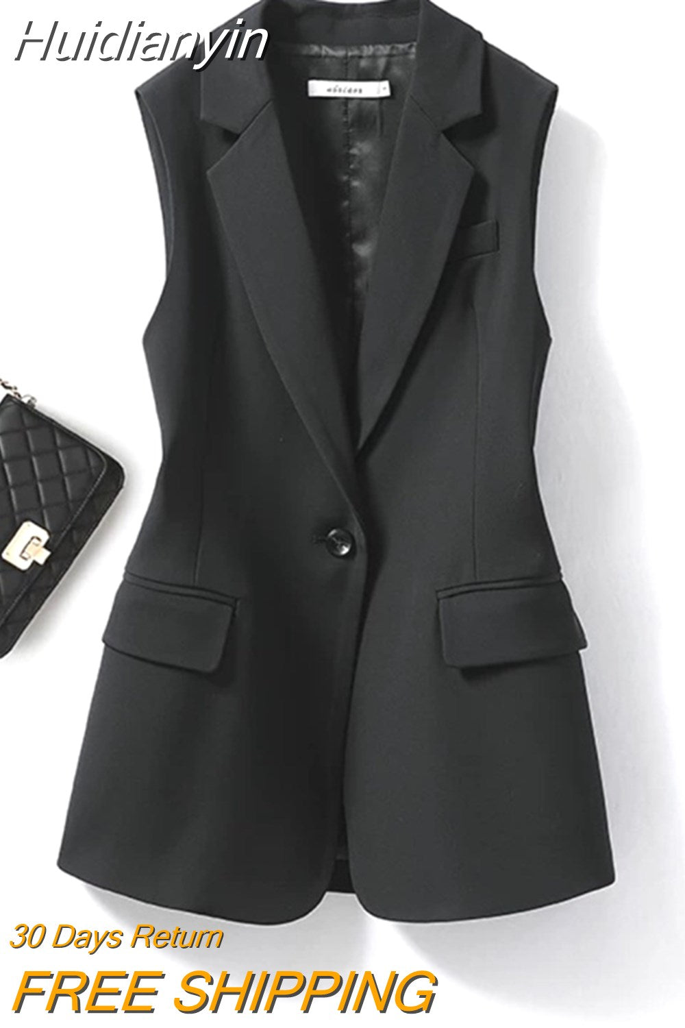 Huidianyin Women's Lapel Collar Vest Coat  All-Matched Single Breasted Sleeveless Classic Solid Color Chic Vintage Office Lady Jacket