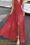 Huidianyin Bohemian Slit Hem Maxi Dresses Women Polka Dot Sexy V Neck Long Dress 2023 Summer Casual Short Sleeve Belted Sundress