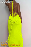 Huidianyin Lace Up Halter Neon Maxi Dress Backless Bodycon Sexy Party Evening Elegant Club Outfits Birthday Festival Clothing