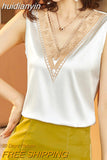 huidianyin Summer Fashion Silk Womens Blouses Satin Tops Woman Shirts Embroidery Sleeveless Ladies Top V-neck Lace OL Women Clothing