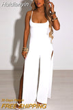 Huidianyin Summer Women Sexy Y2K Lace Up Backless Strap Rompers Slit Wide Leg Jumpsuit Outfits Vacation Streetwear Overalls