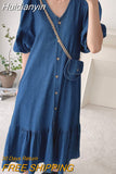 Huidianyin Retro Women Dress ZANZEA Summer Puff Sleeve Maxi Vestidos Casual Solid Denim Blue Baggy Sundress Oversized Robes Longue