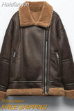 Huidianyin Women Winter Sheepskin Lamb Coat Thick Warm Parka Faux Fur Leather Jacket Female Loose Zipper Moto Biker Coat Outwear