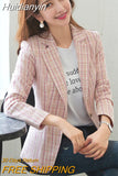 Huidianyin Women Elegant Plaid Blazer Long Sleeve Single Button Slim Checked Coat Formal Office Work Jacket Outerwear Pink Blue