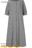 Huidianyin Dress Women Summer Plaid Checked Long Shirt Stylish Laple Neck Short Sleeve SundressVintage Buttons Down Vestidos Femme