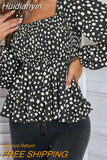 Huidianyin Classy Lady Pleats Blusa Fashion Autumn Leopard Print Blouses Women Vintage Square Collar Shirts Puff Sleeve Peplum Tops