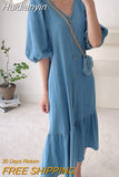 Huidianyin Retro Women Dress ZANZEA Summer Puff Sleeve Maxi Vestidos Casual Solid Denim Blue Baggy Sundress Oversized Robes Longue